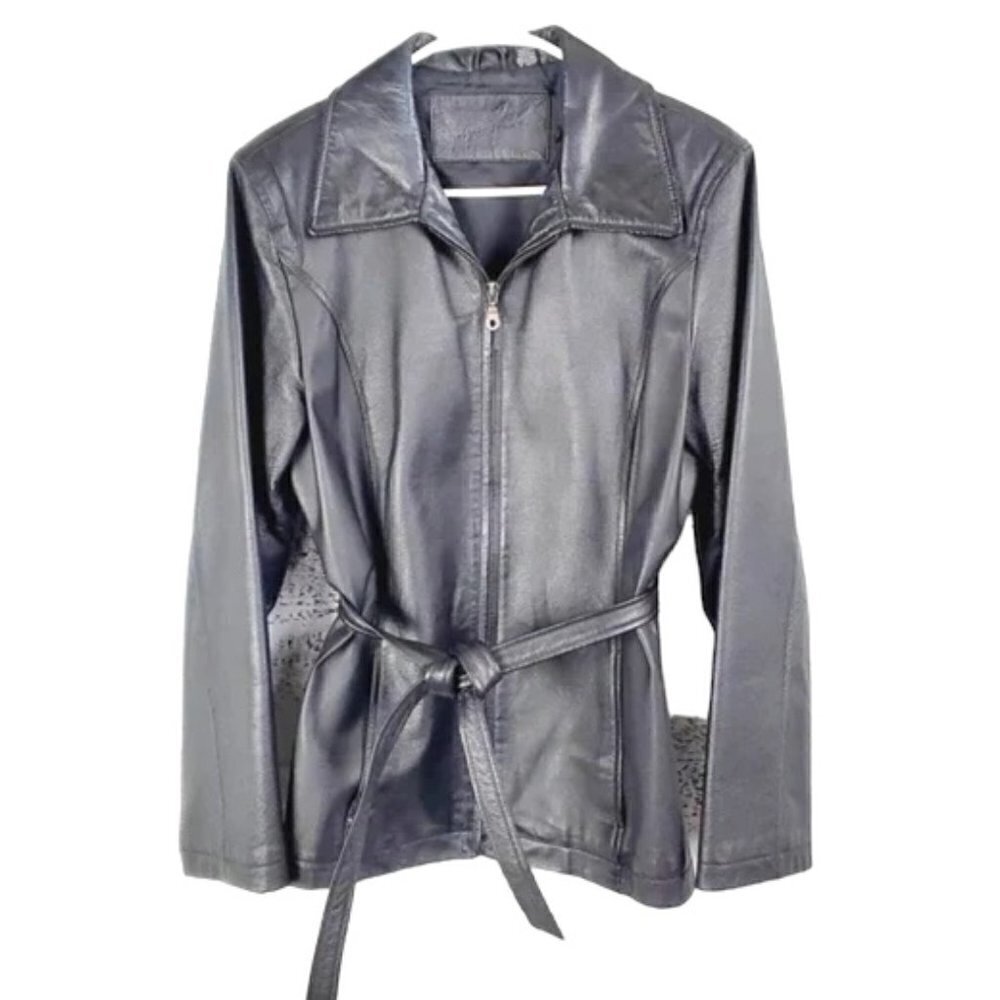 Jacqueline Ferrar Black Leather Moto Belted Jacket Sz M Biker Gothic Edgy Chic